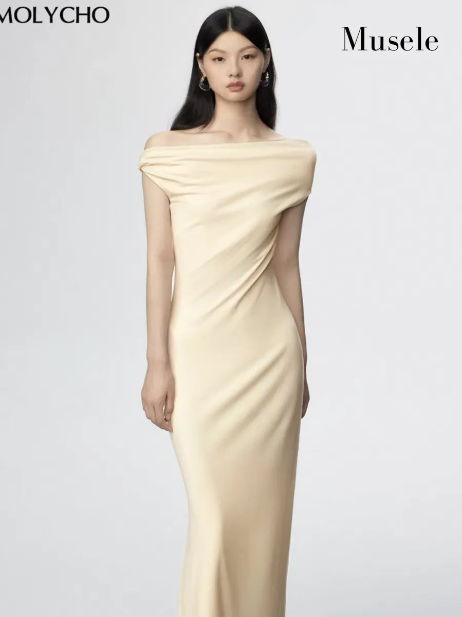 ワンショルダーギャザードレープロングドレス［m117］