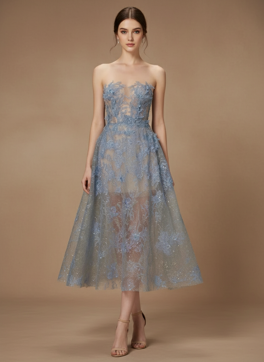 フラワー刺繍チュールロングドレス［m109］