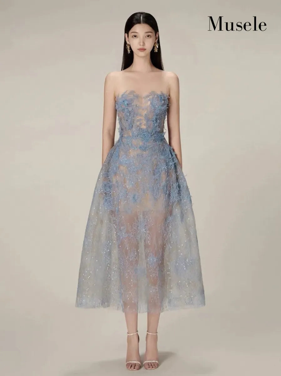 フラワー刺繍チュールロングドレス［m109］