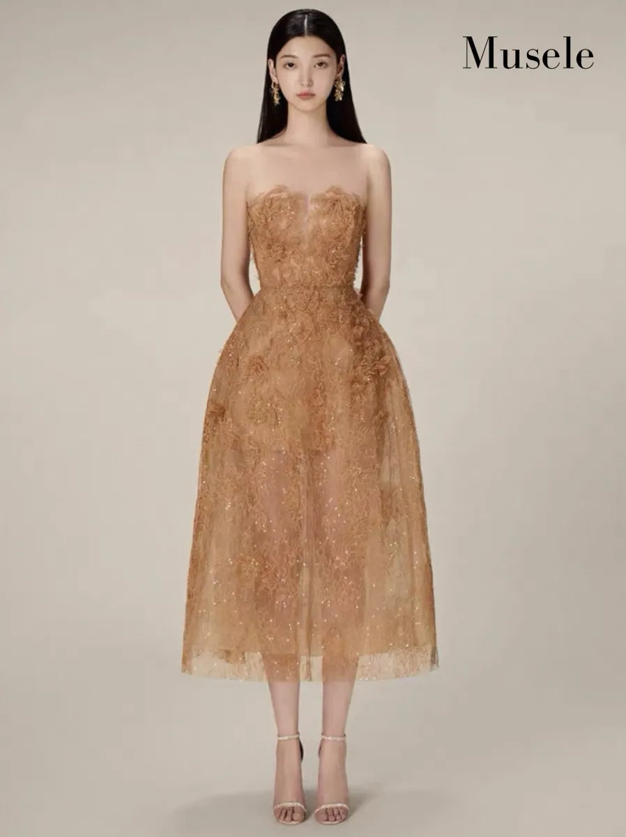 フラワー刺繍チュールロングドレス［m109］