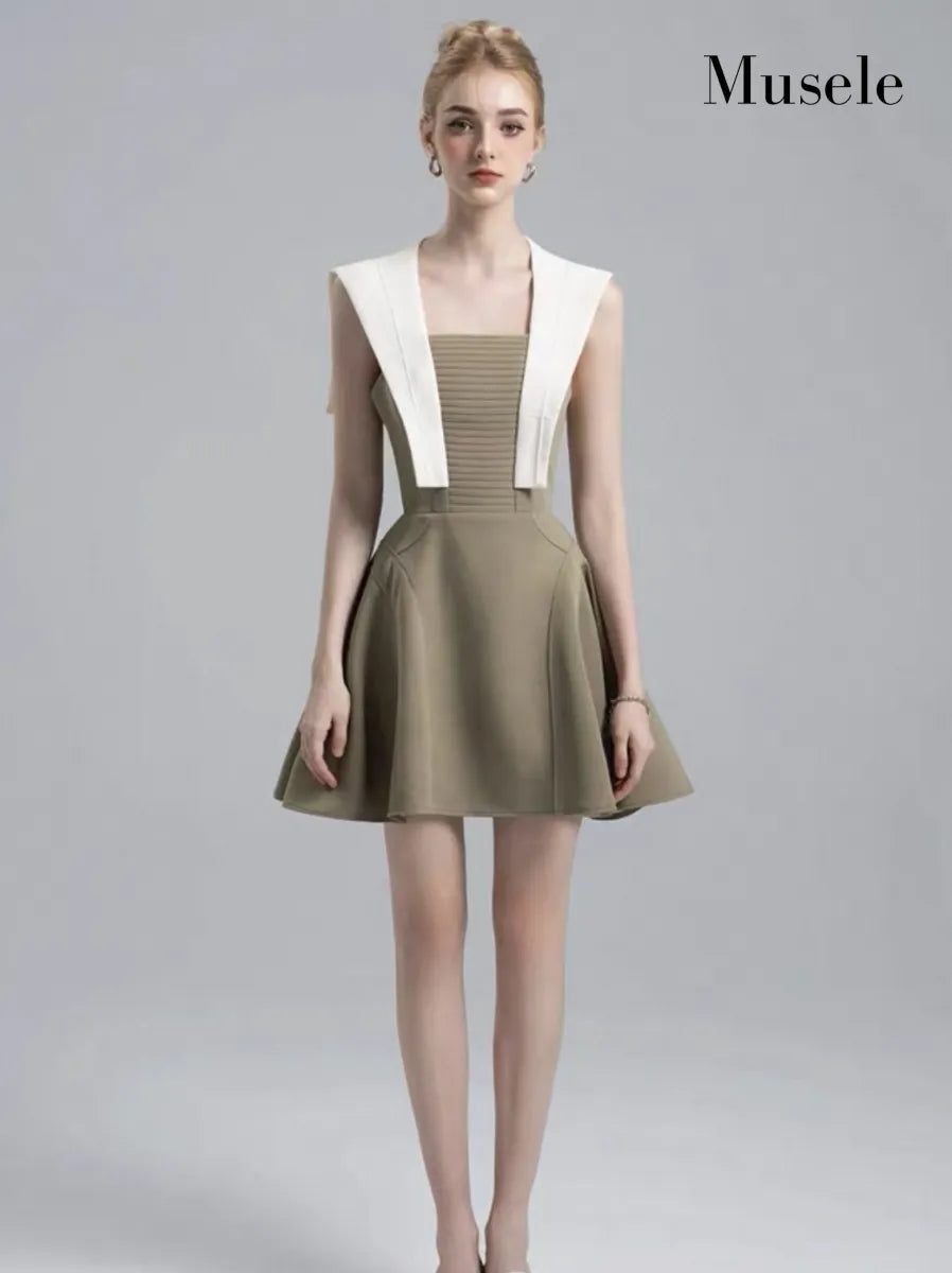 バイカラースクエアネックプリーツミニドレス［m111］