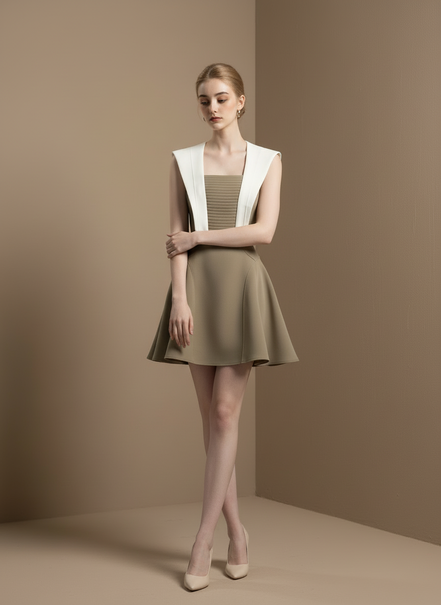 バイカラースクエアネックプリーツミニドレス［m111］