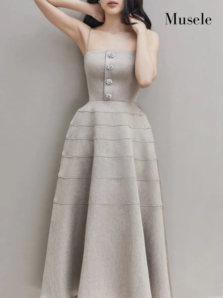 ビジューボタンストラップロングドレス［m113］