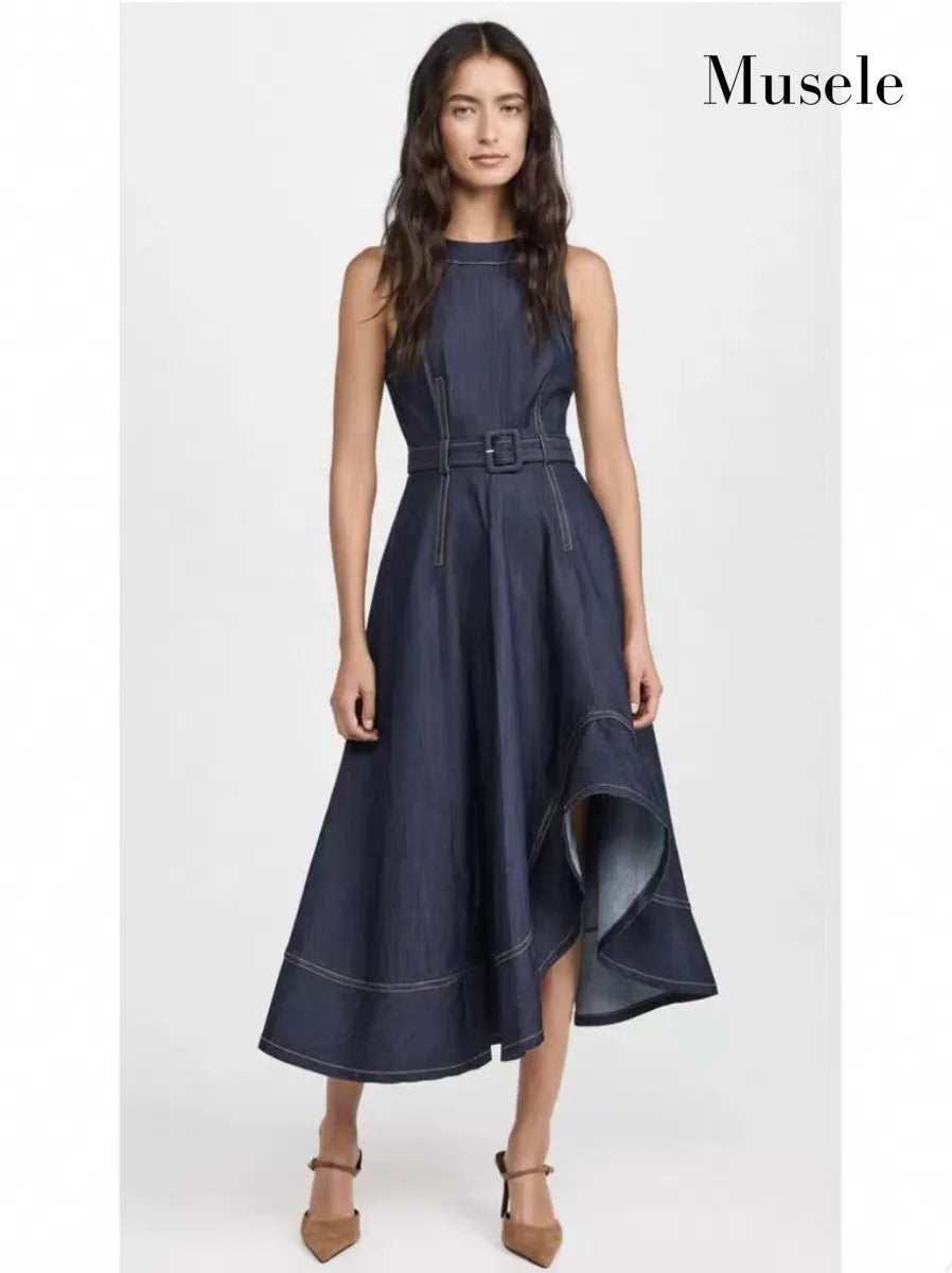 デニムアシンメトリーロングドレス［m130］