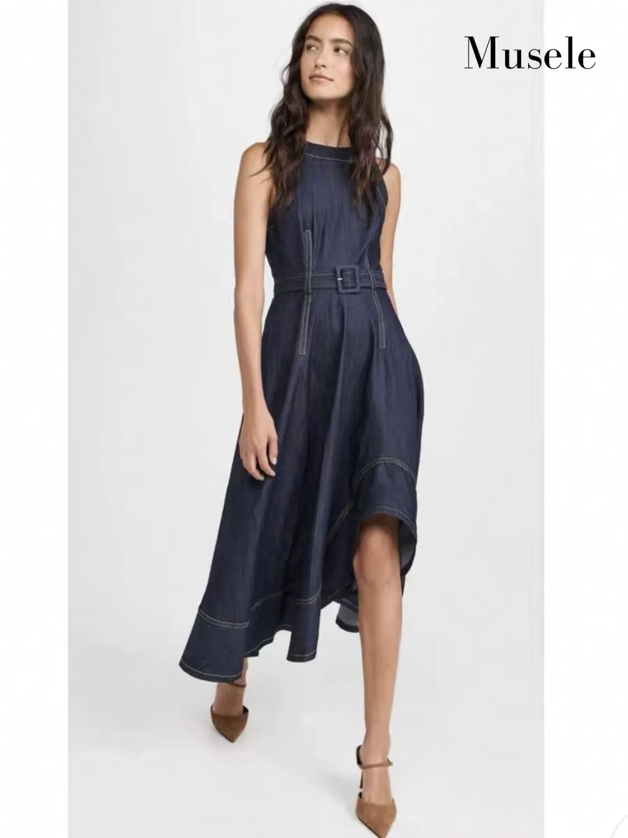 デニムアシンメトリーロングドレス［m130］