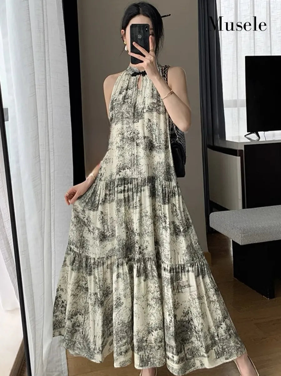 アートプリントノースリーブロングドレス［m156］