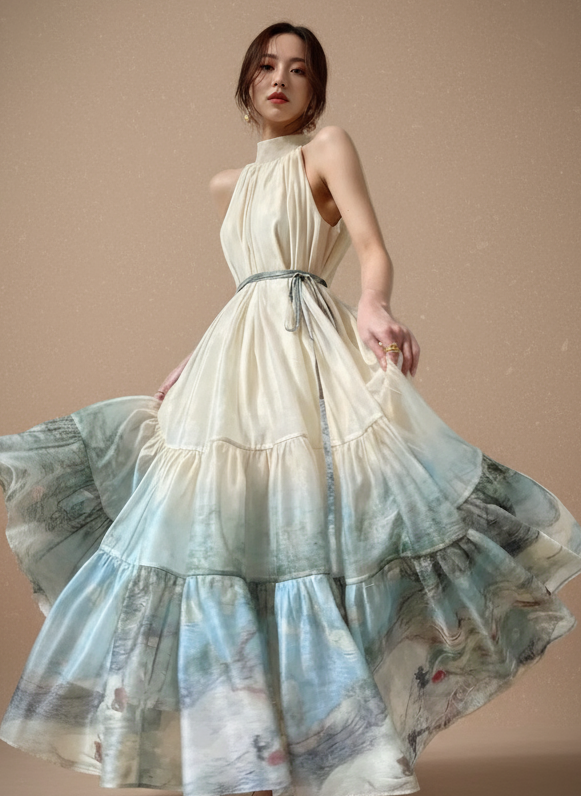 水彩画風ホルターネックワンピース［m175］