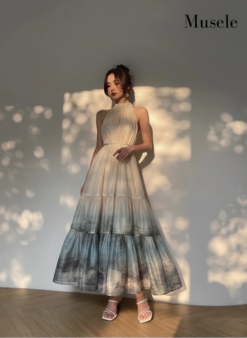 水彩画風ホルターネックワンピース［m175］