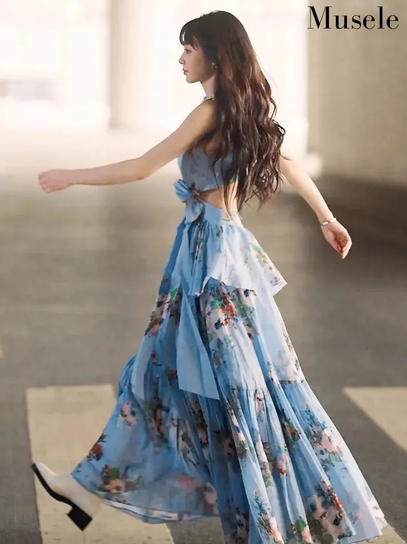 フローラルリボンカットロングワンピース［m173］