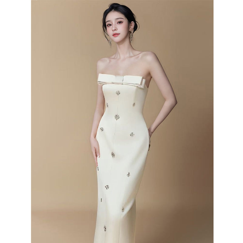 ビジュー付きストラップレスロングドレス［m106］