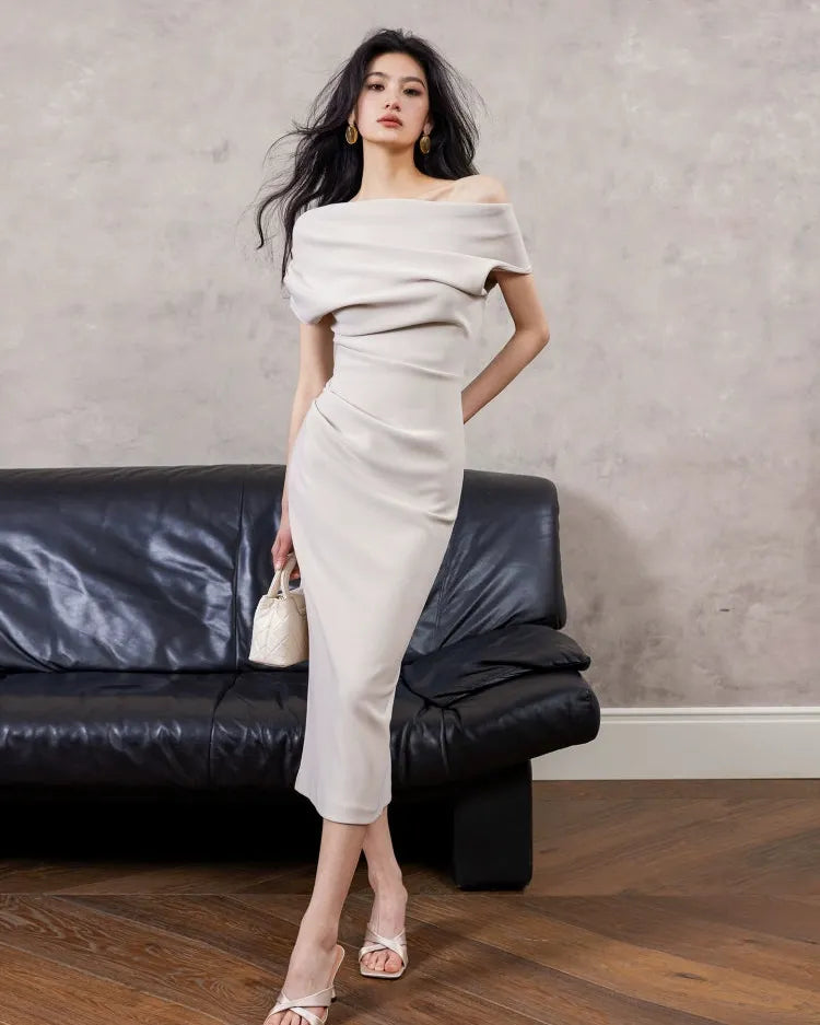 アシンメトリードレープワンショルダードレス［m170］