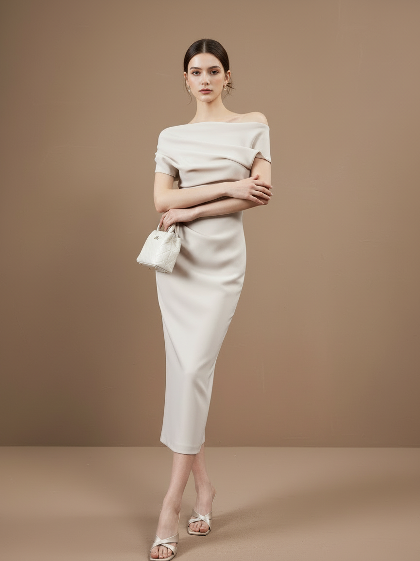 アシンメトリードレープワンショルダードレス［m170］