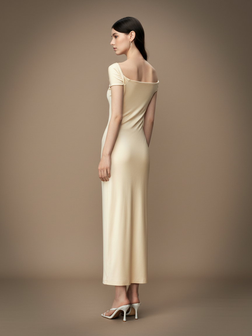 ワンショルダーギャザードレープロングドレス［m117］