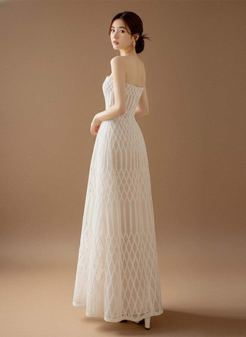 チュールレイヤードストラップレスロングドレス［m119］