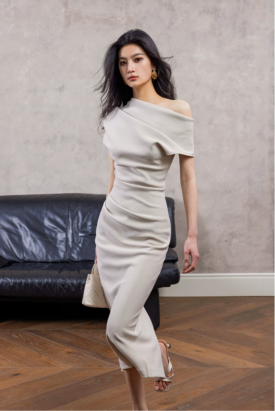 アシンメトリードレープワンショルダードレス［m170］