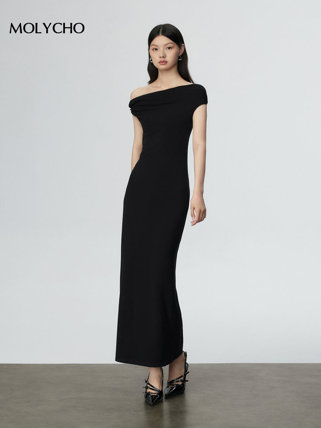 ワンショルダーギャザードレープロングドレス［m117］