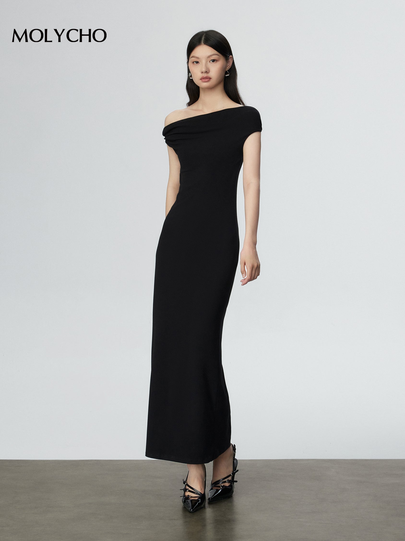 ワンショルダーギャザードレープロングドレス［m117］