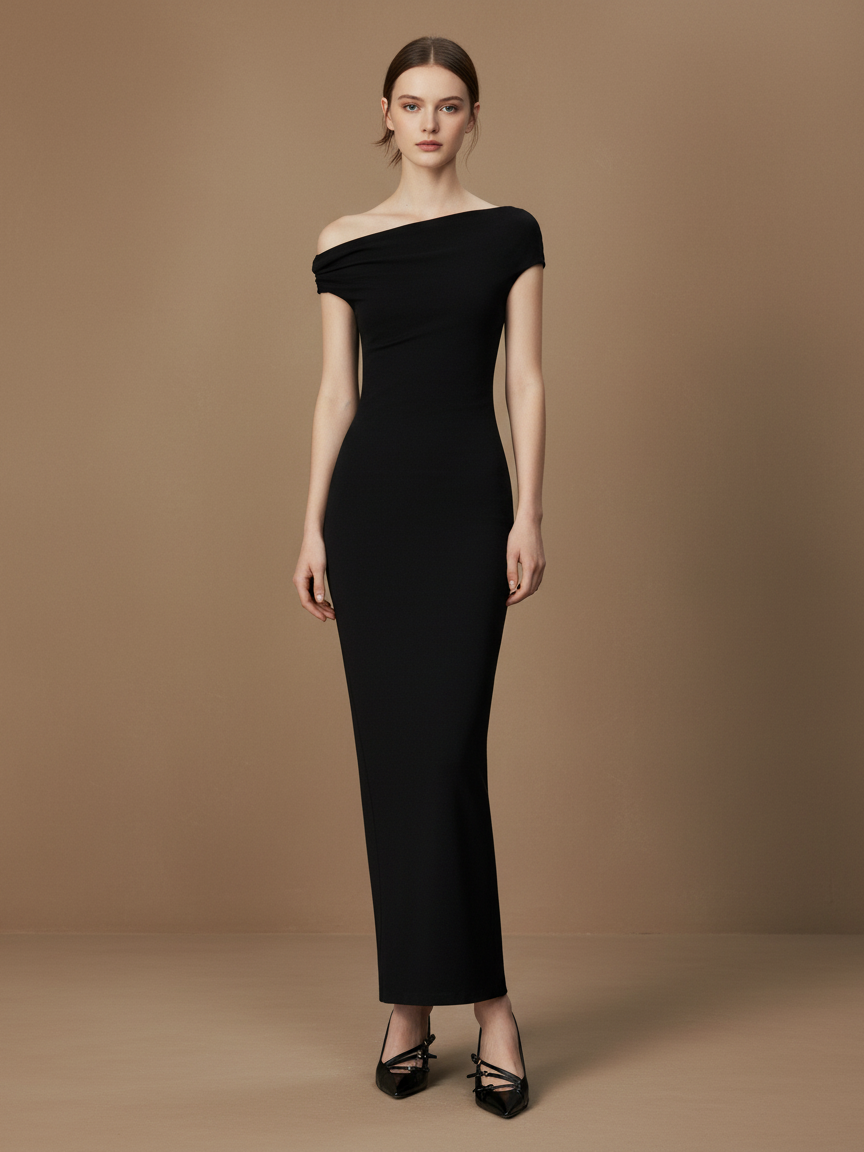 ワンショルダーギャザードレープロングドレス［m117］