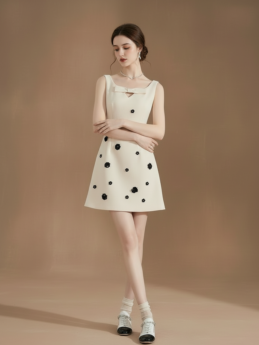 フラワーエンブロイダリーノースリーブドレス［m151］