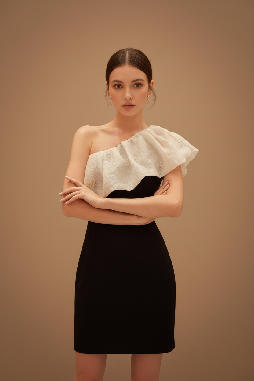 ワンショルダーフリル・バイカラーミニドレス[m226]