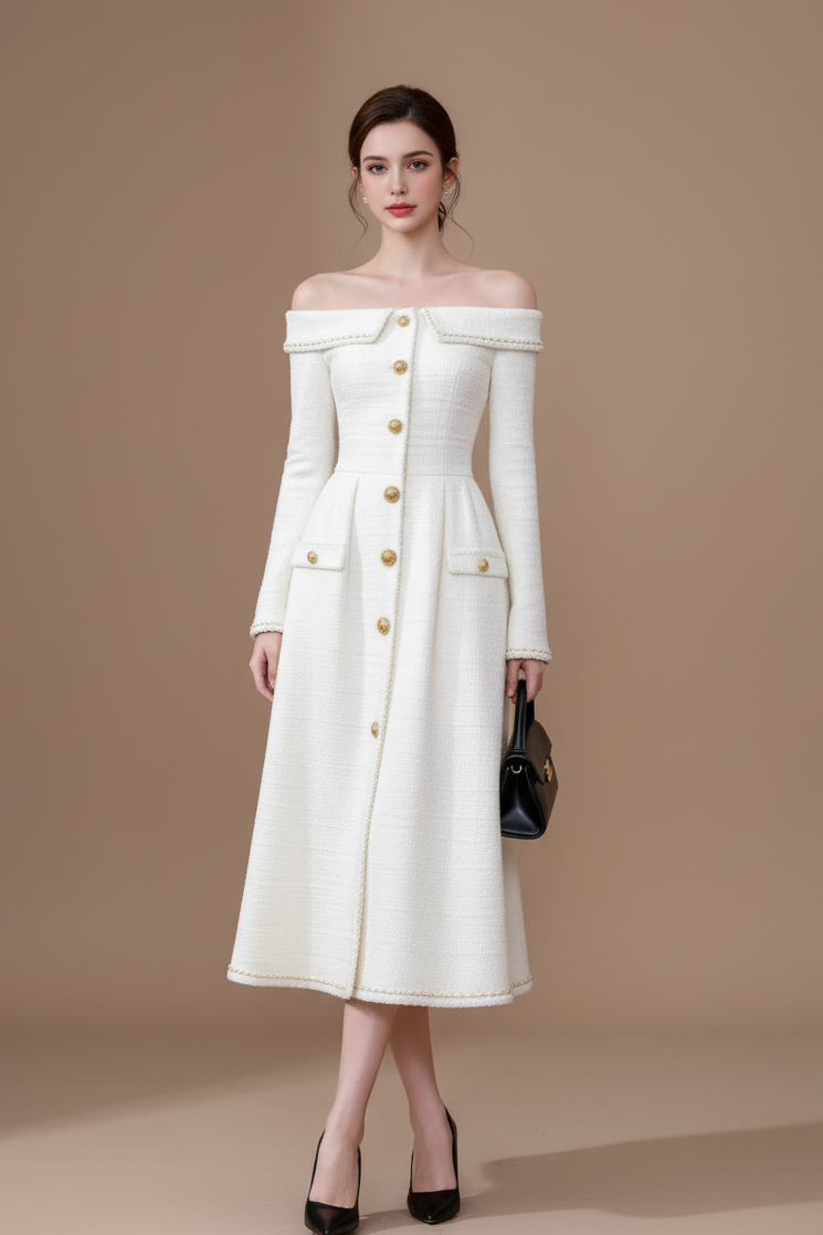 オフショルダーツイードボタンワンピース[m249]