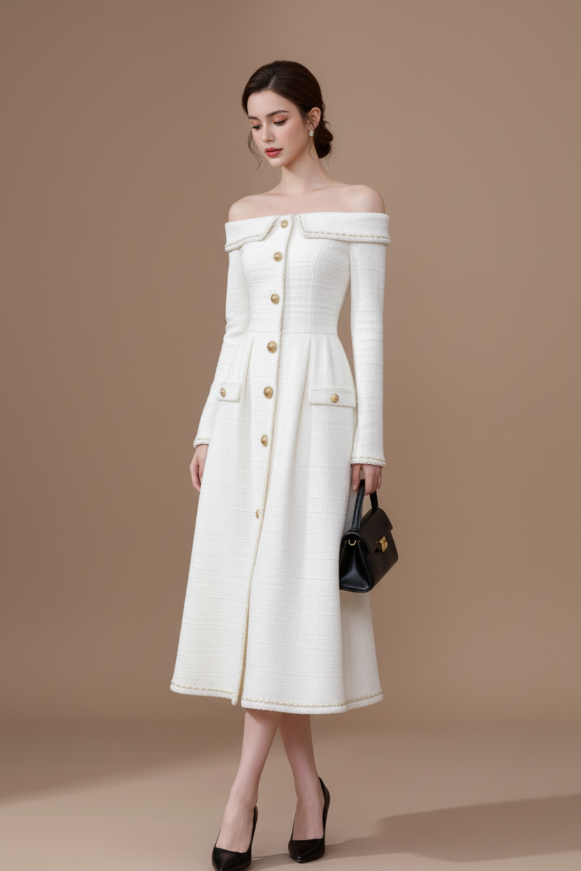 オフショルダーツイードボタンワンピース[m249]