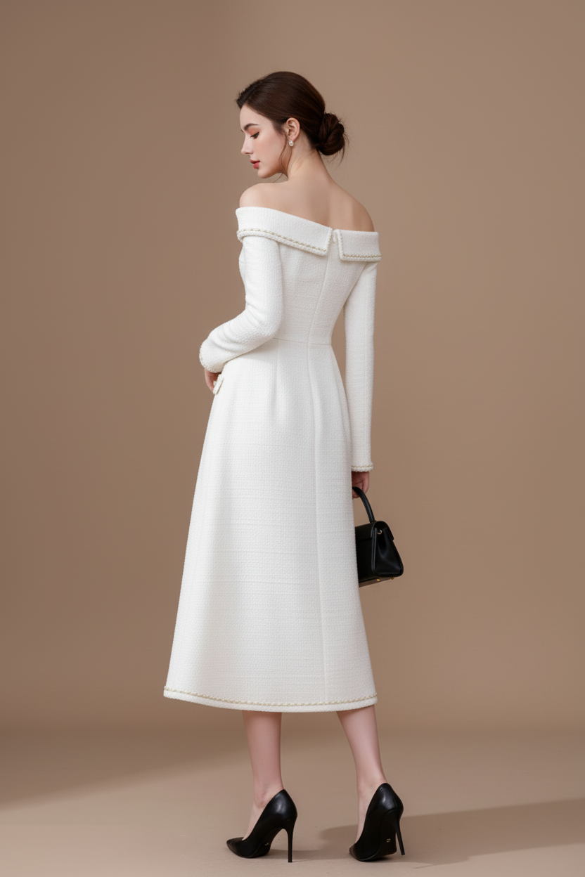 オフショルダーツイードボタンワンピース[m249]