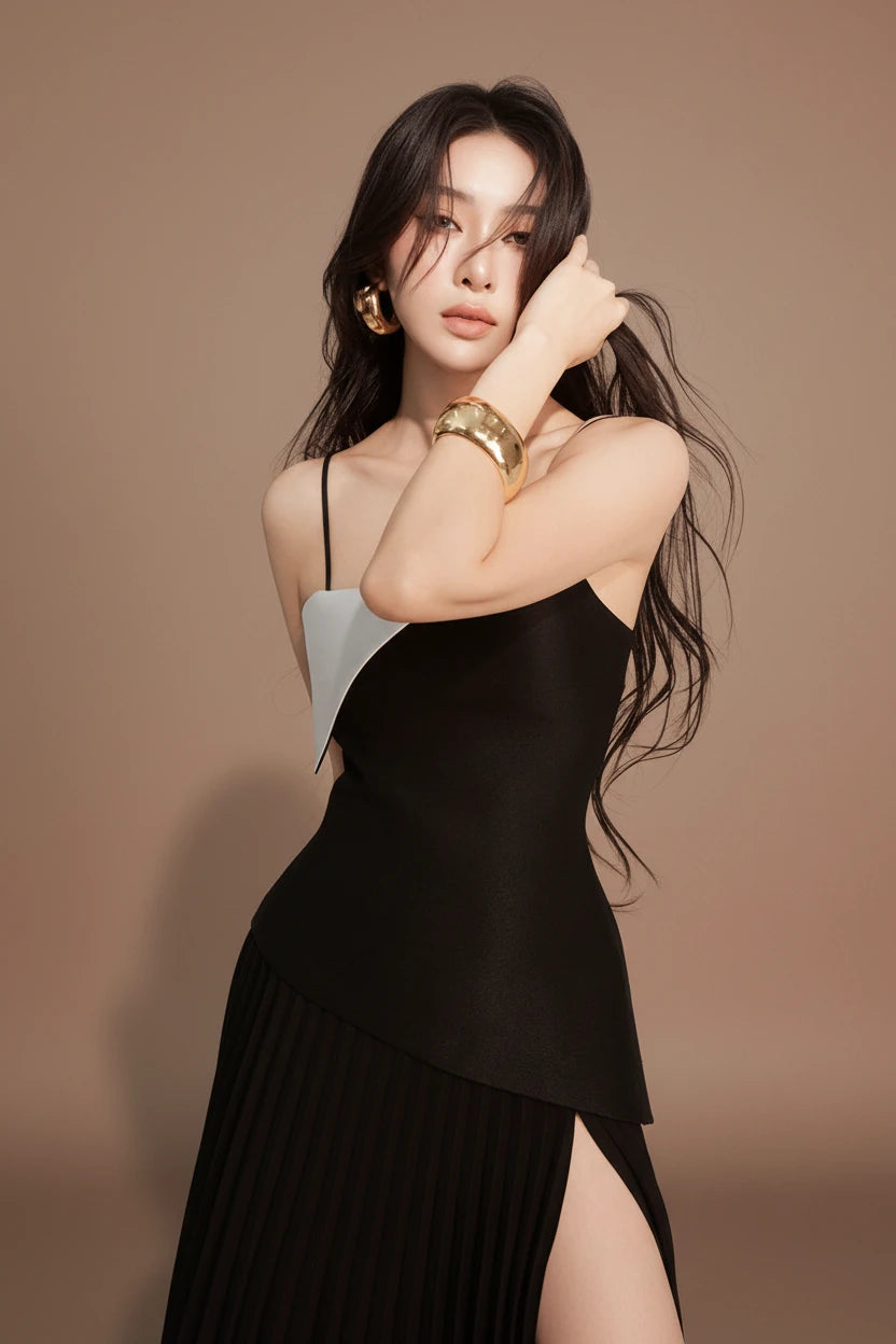 バイカラーパネル・スリットロングドレス[m221]