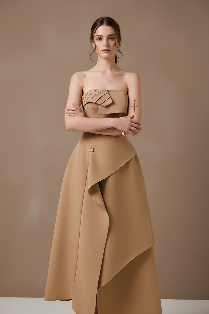 ストラップレス・アシンメトリーフレアロングドレス[m228]