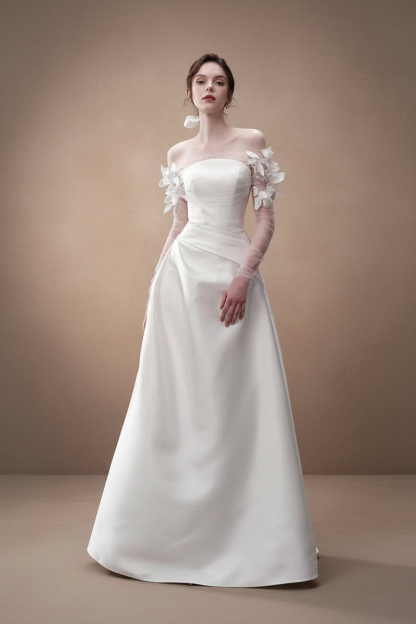 フラワースリーブ・オフショルダーロングドレス[m229]