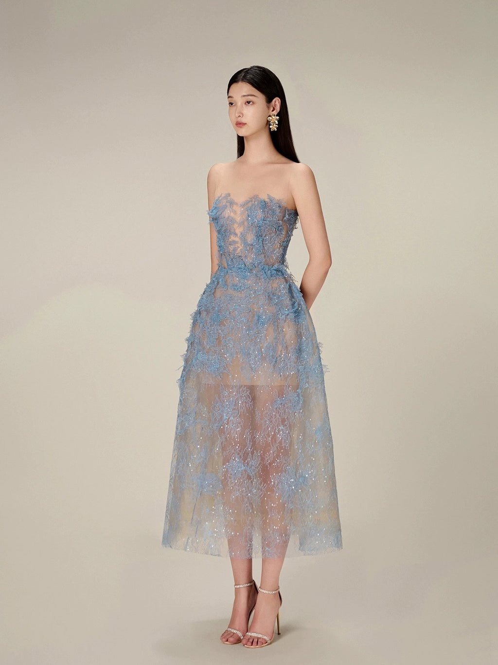 フラワー刺繍チュールロングドレス［m109］