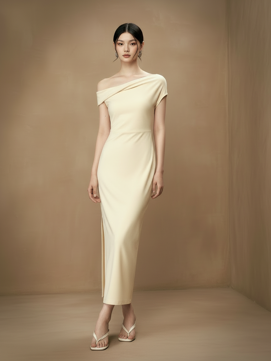 ワンショルダーギャザードレープロングドレス［m117］