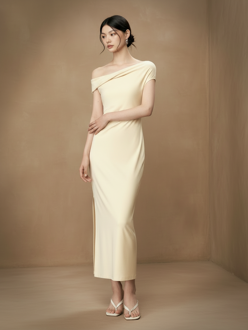 ワンショルダーギャザードレープロングドレス［m117］