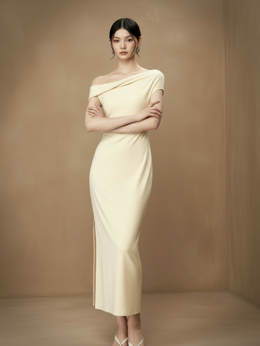 ワンショルダーギャザードレープロングドレス［m117］