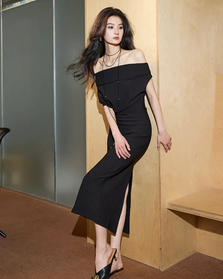 アシンメトリードレープワンショルダードレス［m170］