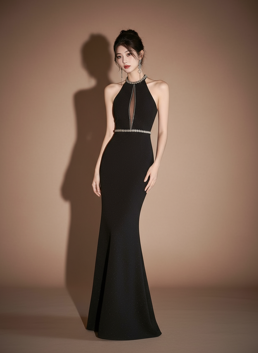 ビジューライン・ハイネックマーメイドロングドレス[m208]