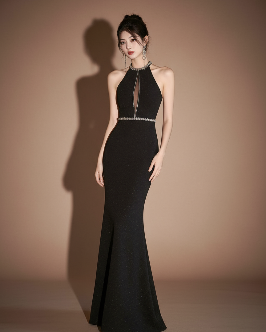 ビジューライン・ハイネックマーメイドロングドレス[m208]