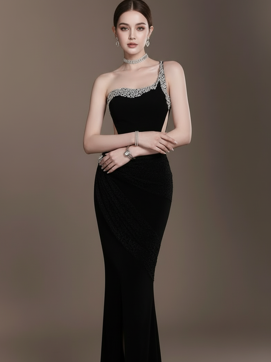 ウエストカット アシンメトリー ロングドレス［m015］