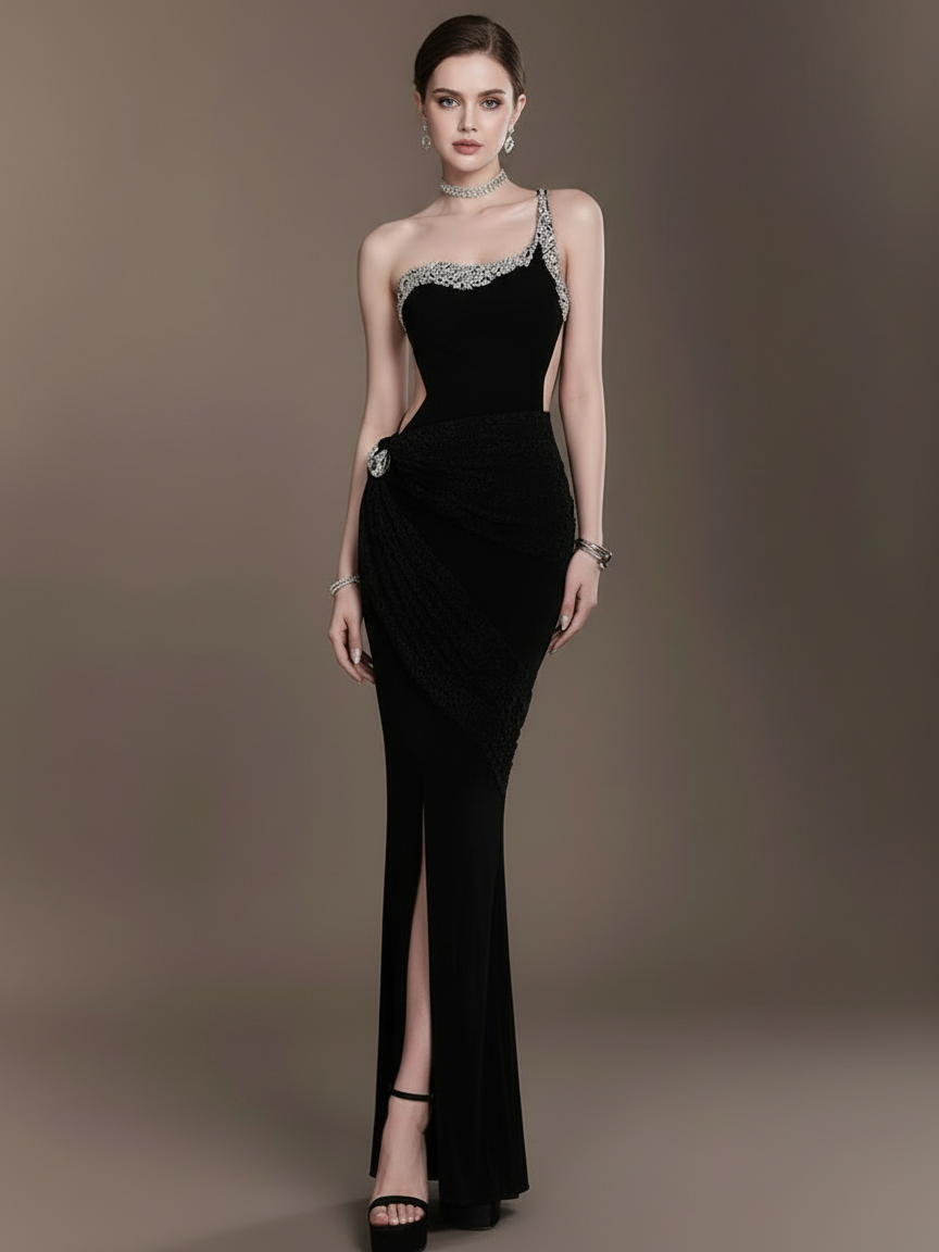 ウエストカット アシンメトリー ロングドレス［m015］