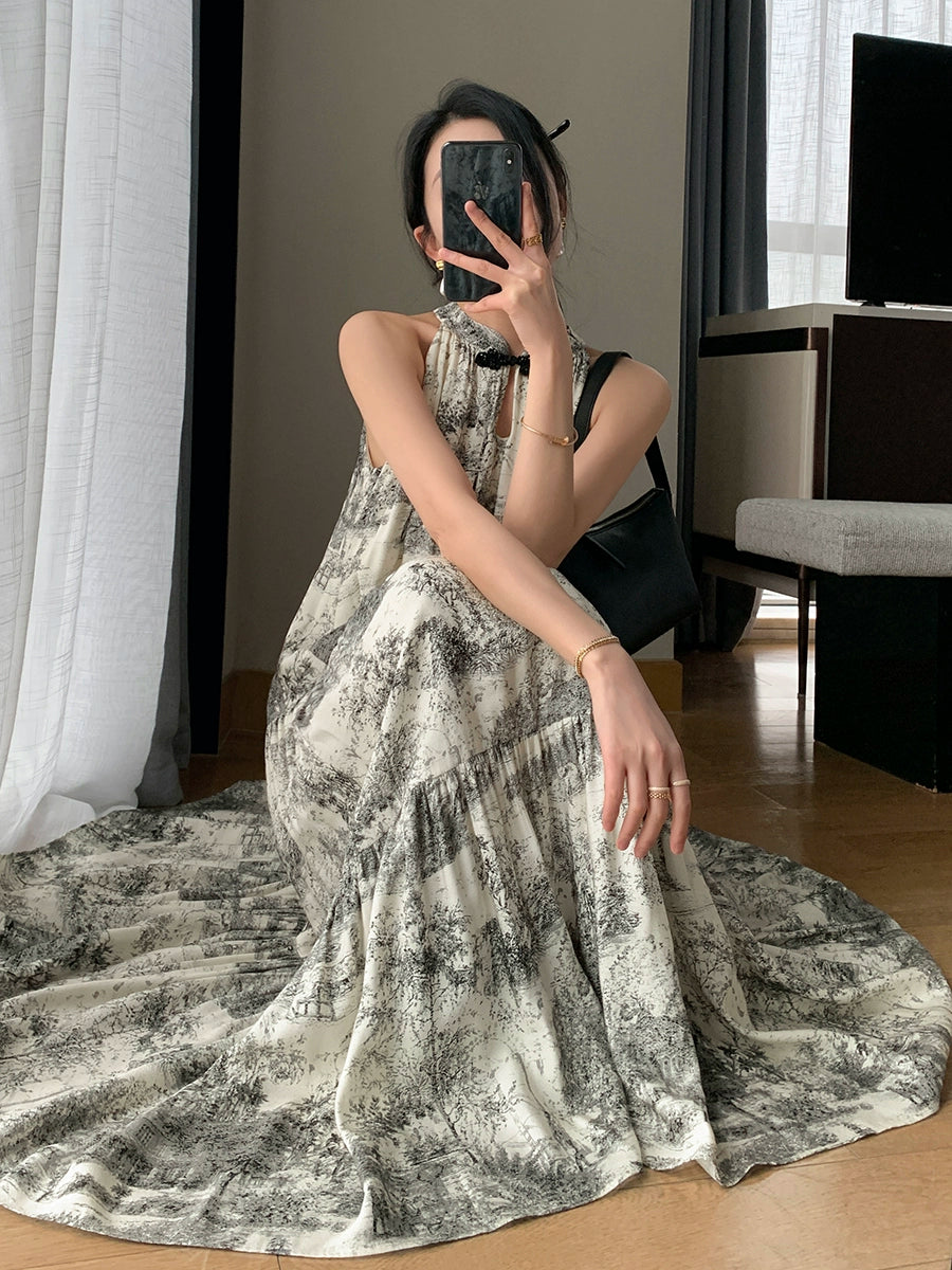 アートプリントノースリーブロングドレス［m156］