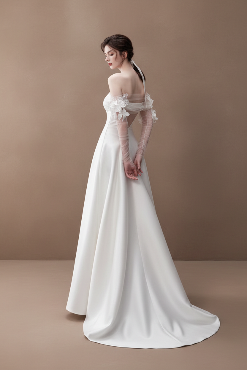 フラワースリーブ・オフショルダーロングドレス[m229]