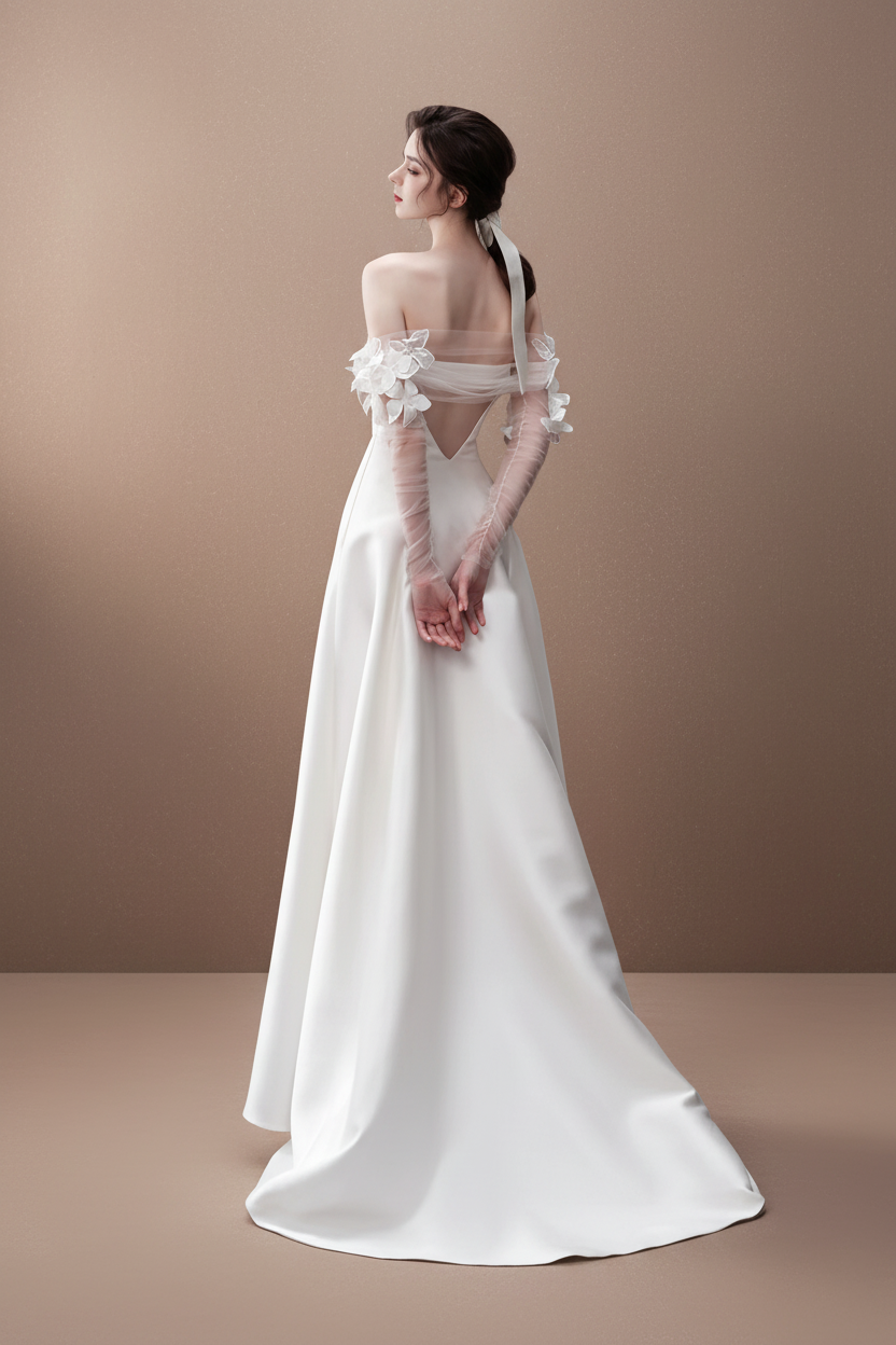 フラワースリーブ・オフショルダーロングドレス[m229]