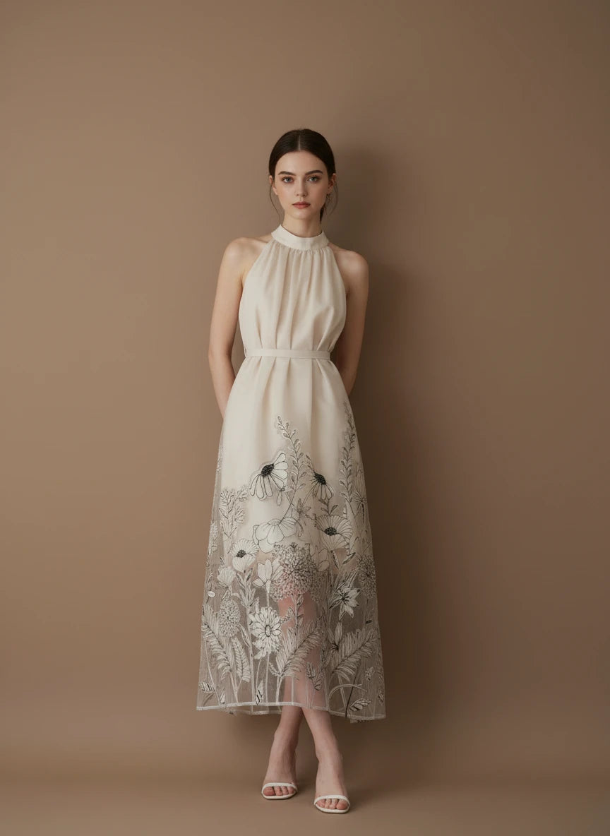 フローラルシアーハイネックロングドレス［m195］