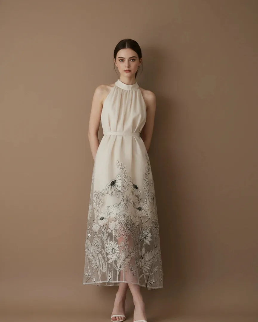 フローラルシアーハイネックロングドレス［m195］