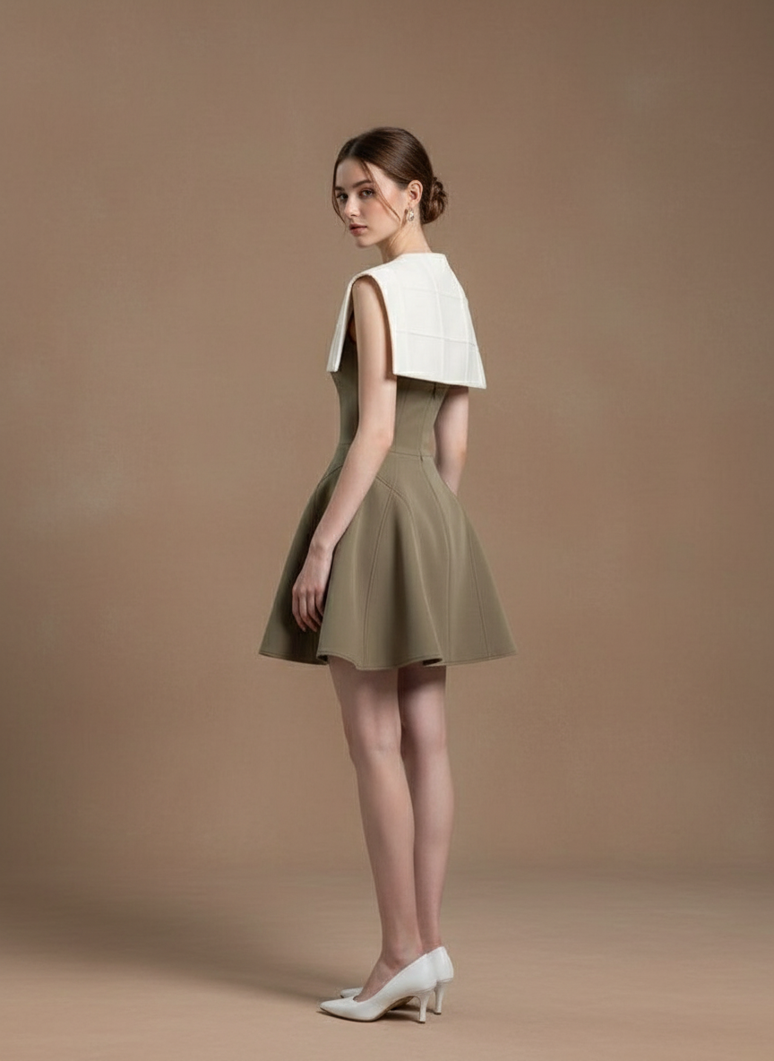 バイカラースクエアネックプリーツミニドレス［m111］