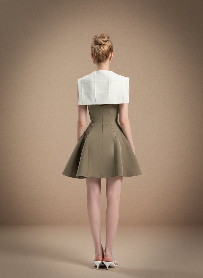 バイカラースクエアネックプリーツミニドレス［m111］