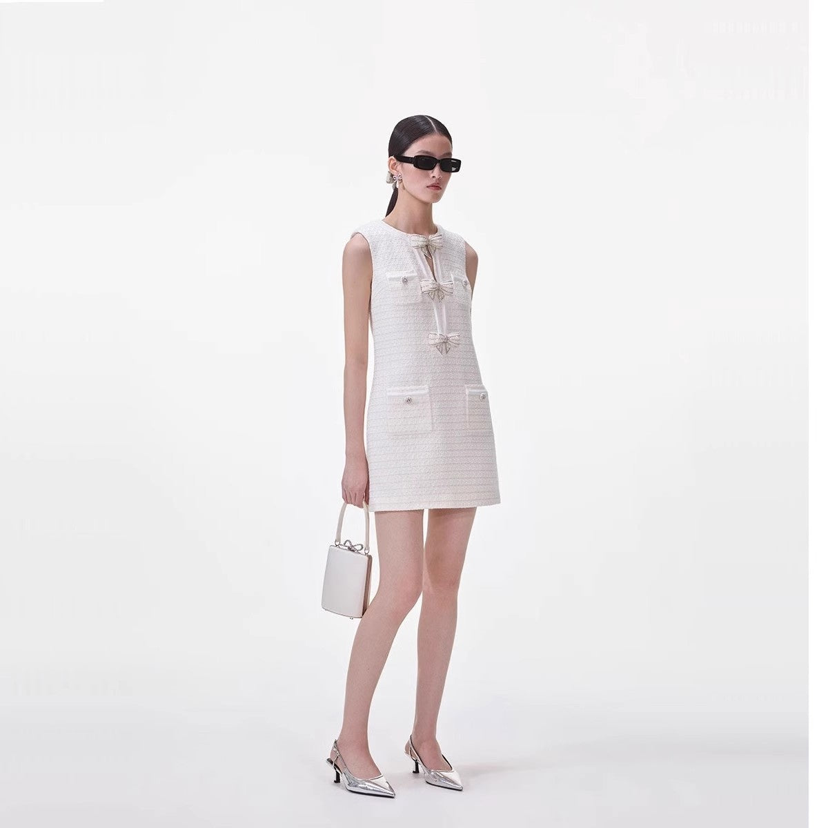 ツイードノースリーブリボンドレス［m064］