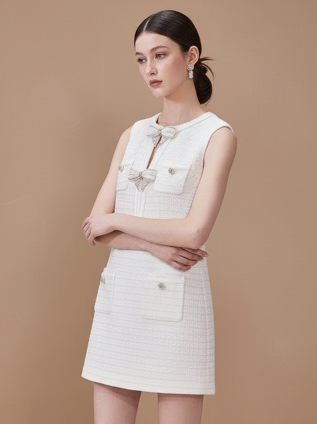 ツイードノースリーブリボンドレス［m064］