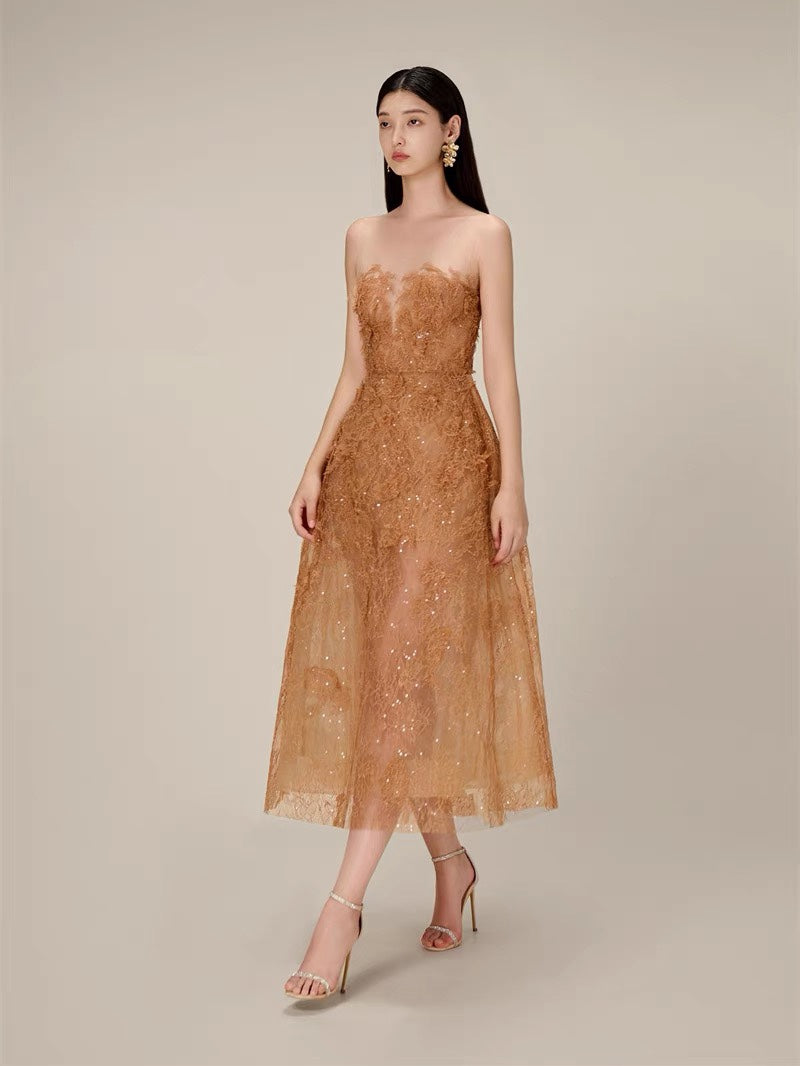 フラワー刺繍チュールロングドレス［m109］