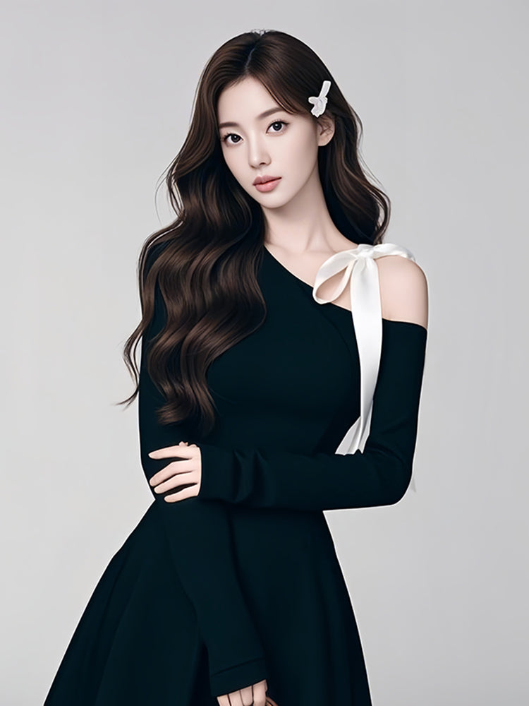 ワンショルダーリボンフレアドレス［m063］